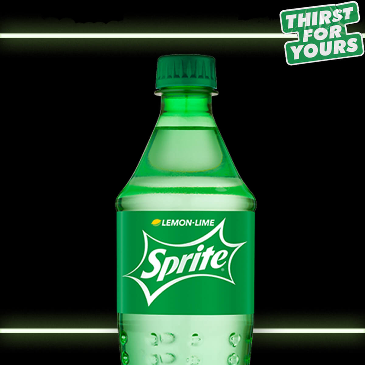 bottle of Sprite on black background with 'thirst for yours'