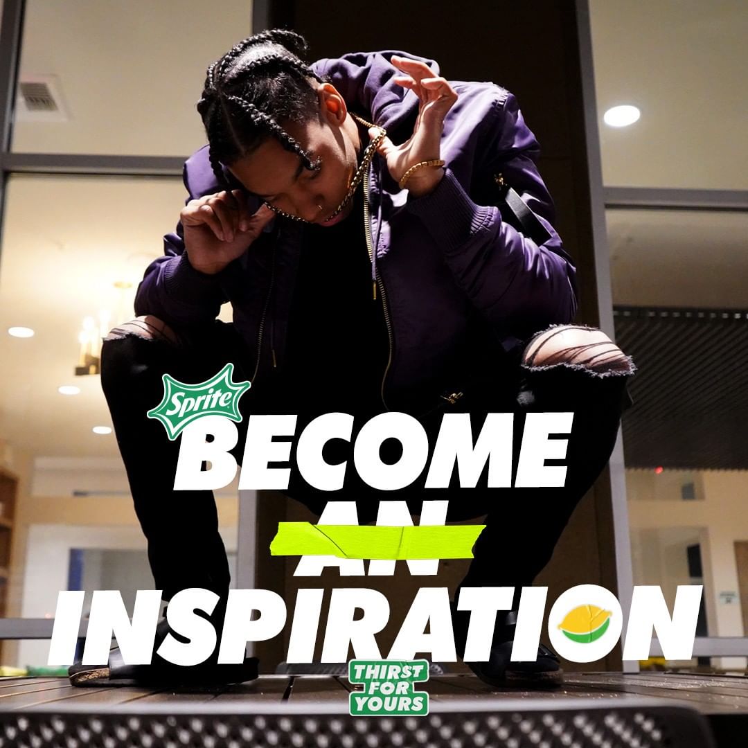 music artist crouching with text 'become an inspiration'